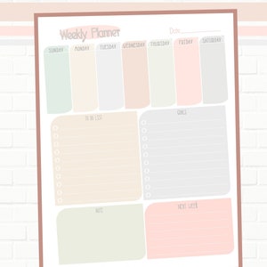 May include: A printable weekly planner in pastel colors with sections for each day of the week, a to-do list, notes, and next steps. The planner is 8.5 x 11 inches and available as a PDF or JPG digital download.