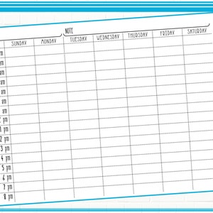 May include: A blank calendar template with a white background and black grid lines. The calendar is labeled with the days of the week and times from 5 am to 8 pm. The text "NOTE" is at the top of the calendar.