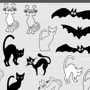 Può includere: Un set di 15 file di taglio SVG a tema Halloween con silhouette nere e bianche di pipistrelli e gatti. Il testo "Halloween 15 Designs" è incluso nell'immagine.