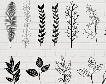 May include: A set of 85 black and white botanical illustrations featuring leaves, branches, and stems. The illustrations are simple and elegant, perfect for adding a touch of nature to any design project.