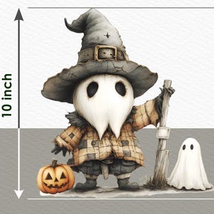 Peut inclure: Illustration numérique d'un gnome d'Halloween avec un chapeau de sorcière, tenant un balai et à côté d'un fantôme et d'une citrouille. L'image est intitulée "Halloween Gnome PNG Clipart" et mesure 25.4 cm de haut.