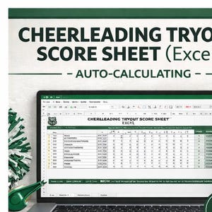Puede incluir: Una pantalla de portátil que muestra una hoja de puntuación de prueba de porristas en Excel. El título dice "CHEERLEADING TRYOUT SCORE SHEET (Excel)" con "- AUTO-CALCULATING -" debajo. Se ven pompones verdes y blancos y un silbato.