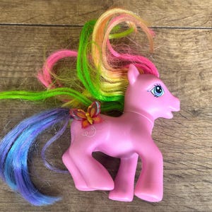 May include: Pink pony toy with a rainbow mane and tail. The pony has a butterfly on its side and blue eyes.