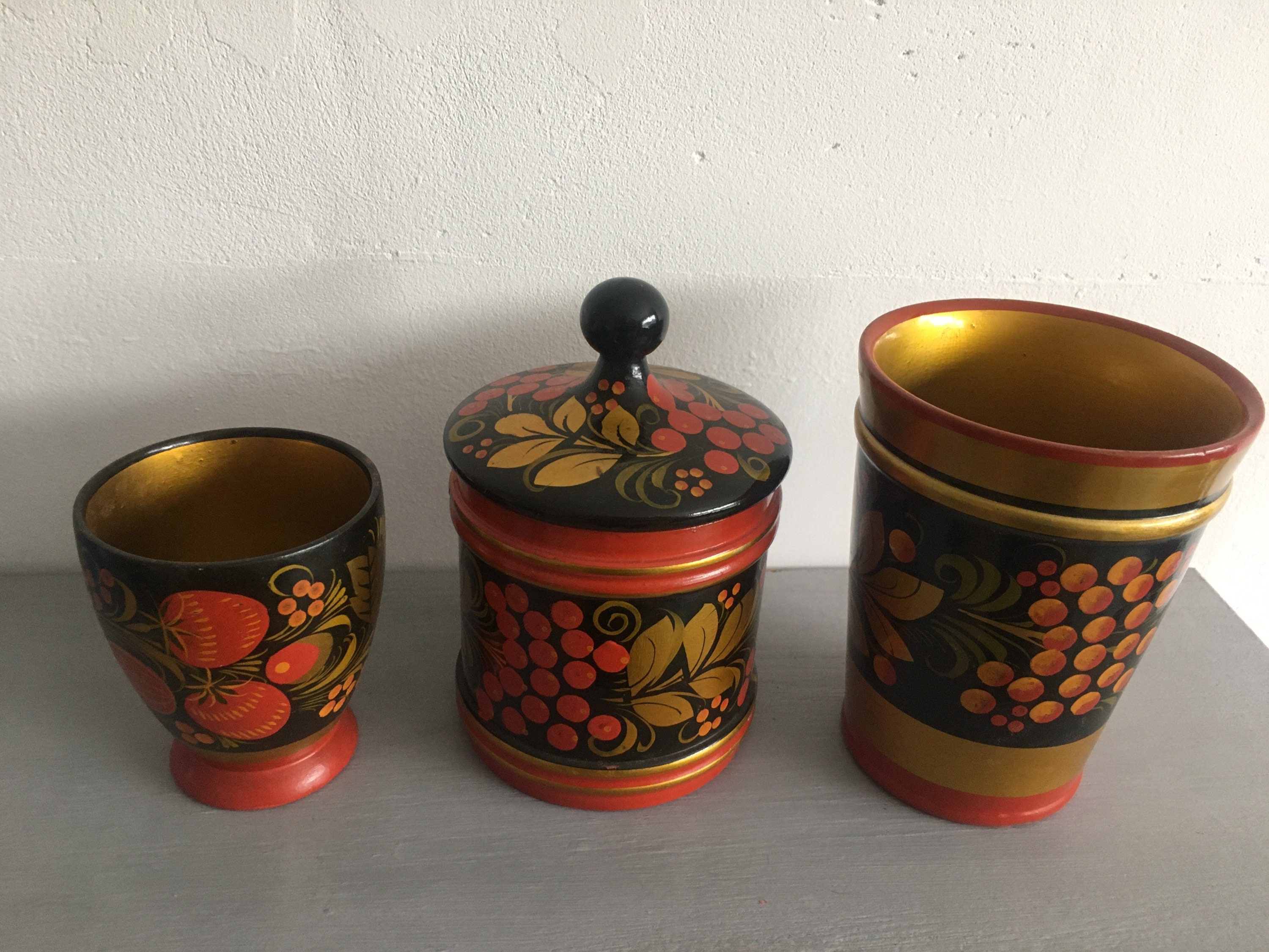 Vintage Russian wooden pots USSR Khokhloma hand painted folk Etsy