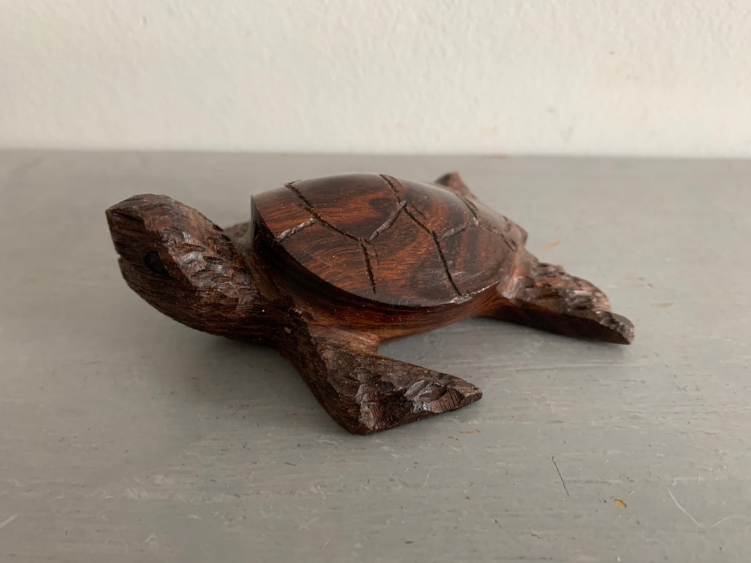 Vintage Small Hand Carved Wooden Turtle. Dark Wood Turtle Etsy