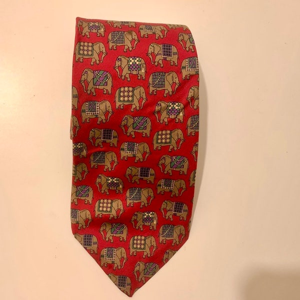 Vintage silk tie. Red elephant tie by designer Lancel Paris France. Vintage French tie. Red silk tie. Gift for him. Red tie with elephants