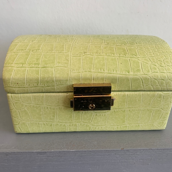 Vintage green faux leather jewellery box with key