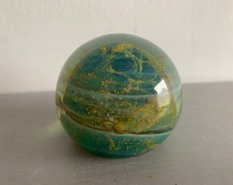 Mdina Glass Paperweight. Blue Green and Gold.