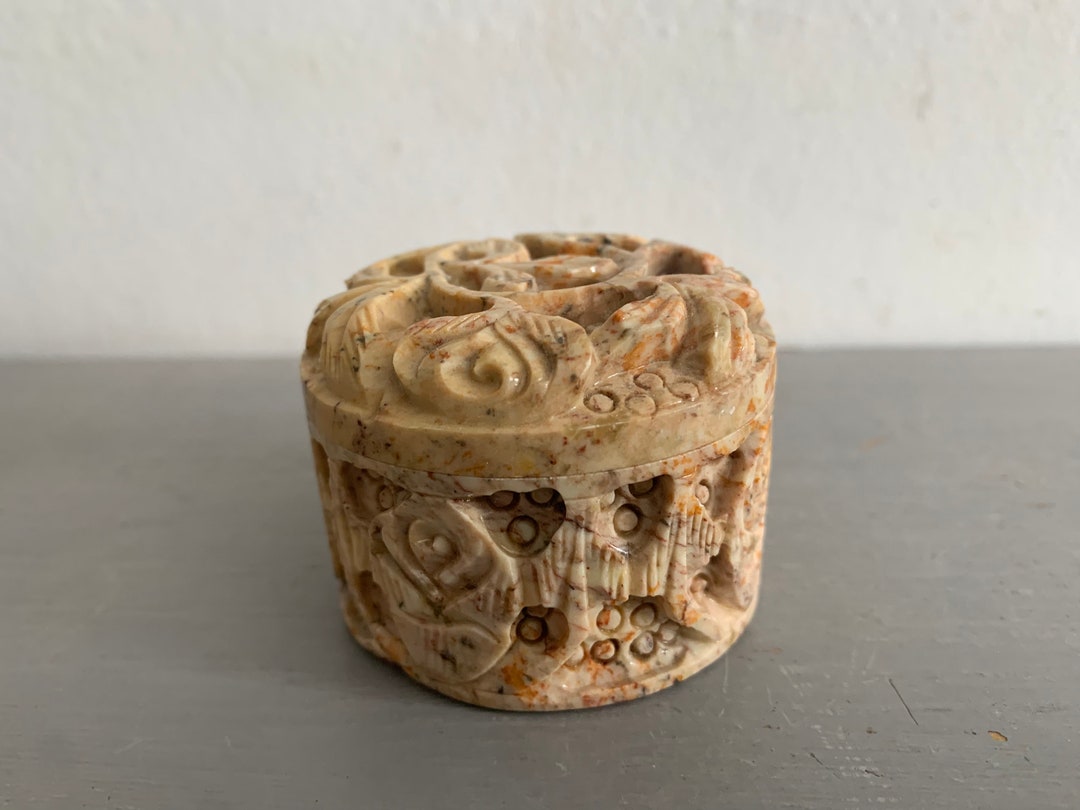 Vintage Small Round Carved Stone Marble Trinket Box With Lid - Etsy