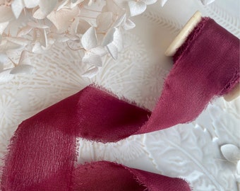 Silk Ribbon, Hand dyed, Cotton Silk,  Wedding Invitation Tie, Wax Stamp, Gift Wrap, Bridal Bouquet WINE