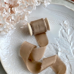 Silk Ribbon, Hand dyed, Cotton Silk,  Wedding Invitation Tie, Wax Stamp, Gift Wrap, Bridal Bouquet CAMEL
