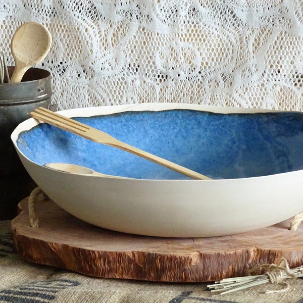 Très grand bol en céramique bleu indigo moderne bol à mélanger en grès rustique rustique bol de service salade poterie bio fait main Wabi Sabi bol à fruits
