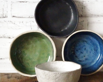 Organic Stoneware Pottery Bowl: Small Ceramic Dessert Bowl, Green Black Blue Dinnerware
