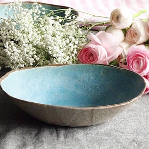 Large Blue Ceramic Serving Bowl, Turquoise Stoneware Bowl, Minimal Organic Pottery Salad Bowl, Ironstone Handmade Fruit Bowl, Wabi Sabi Dish