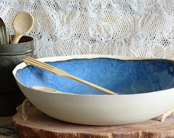 Extra Large Ceramic Bowl Indigo Blue Modern Rustic Stoneware Mixing Bowl Organic Pottery Salad Serving Bowl Handmade Wabi Sabi Fruit Bowl