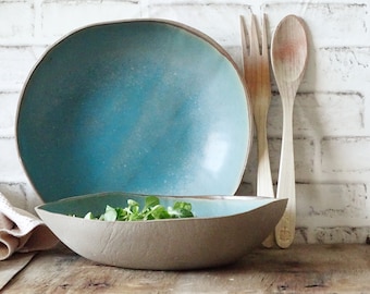 Extra Large Turquoise Stoneware Bowl: Blue Ceramic Serving Bowl, 12.2"