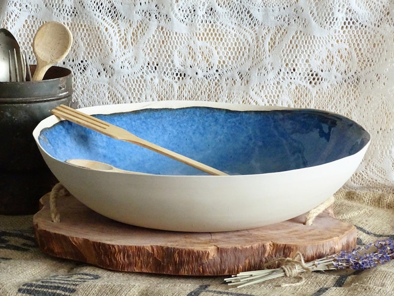 Extra Large Ceramic Bowl Indigo Blue Modern Rustic Stoneware Mixing Bowl Organic Pottery Salad Serving Bowl Handmade Wabi Sabi Fruit Bowl 1 pcs bowl XL
