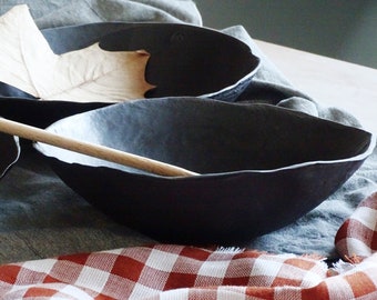 Handmade Black Ceramic Serving Bowl: Rustic Stoneware Salad Bowl