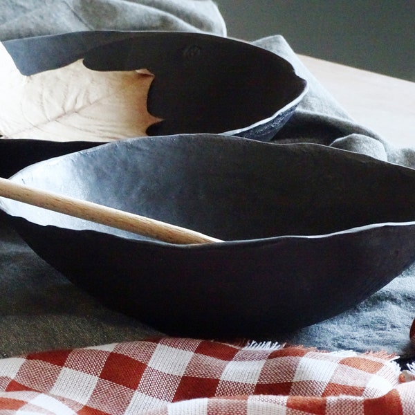 Organic Large Black Ceramic Serving Bowl, Rustic Stoneware Bowl, Minimalist Pottery Salad Bowl, Ironstone Handmade Fruit Bowl Wabi Sabi Dish