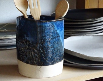 Blue Ceramic Utensil Holder: Stoneware Pottery Vase with Embossed Floral Relief