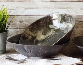 Marble Effect Ceramic Bowl, Dark Organic Pottery Bowl, Large Rustic Black Serving Bowl, Stoneware Minimal Pottery Salad Bowl, Wabi Sabi Dish