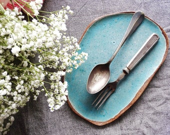 Turquoise Ceramic Bread Plate Handmade, Organic Pottery Side Serving Plate, Small Wabi Sabi Plate, Stoneware Minimalist Natural Dinnerware