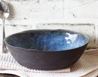 Blue Ceramic Bowl, Pottery Serving Bowl, Blue Mixing Bowl, Minimal Stoneware Pottery Soup Bowl, Organic Noodle Dish, Breakfast Cereal Bowl