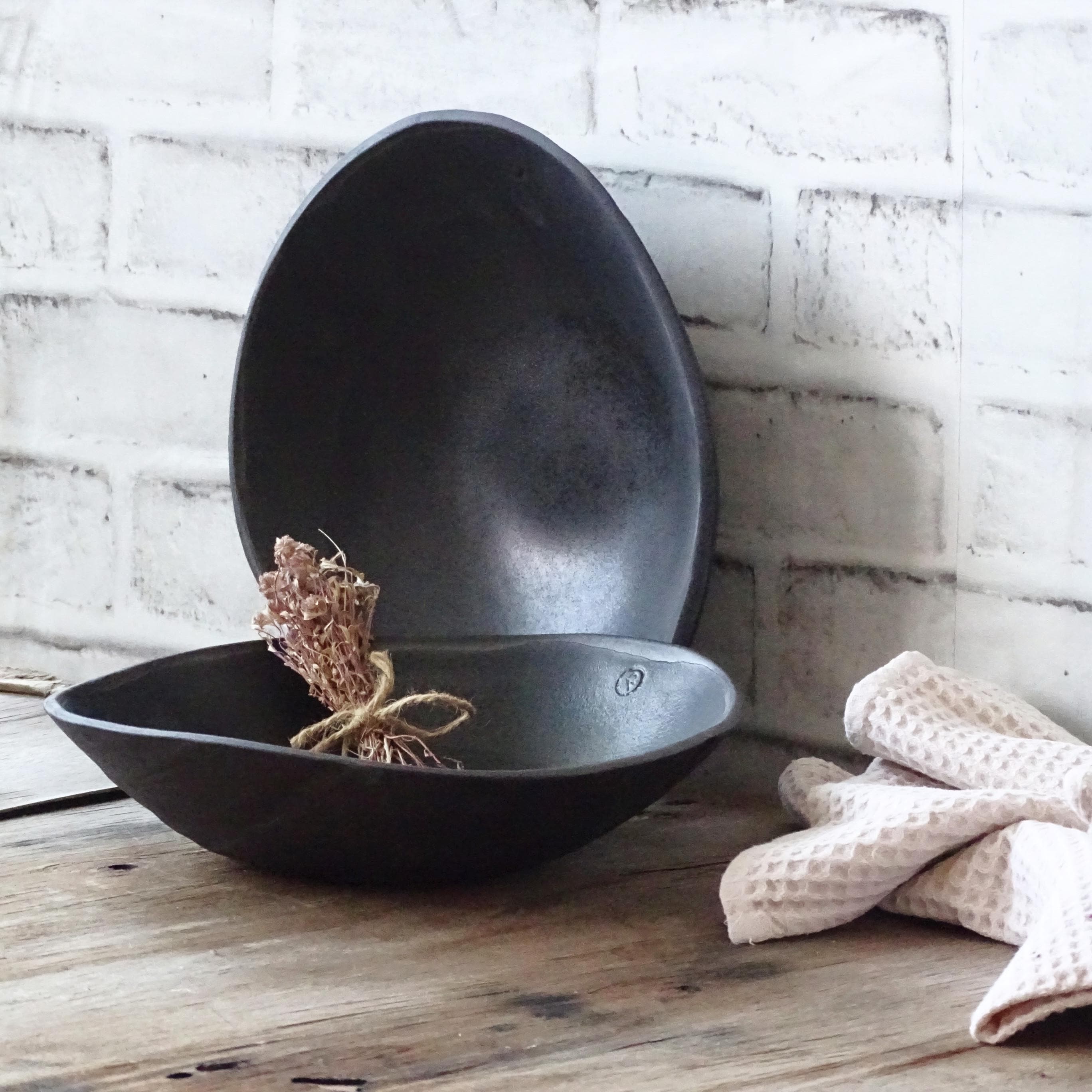 Black Ceramic Soup Bowl: Rustic Wabi Sabi Stoneware - 8.5