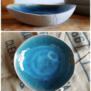 Extra Large Ceramic Bowl Indigo Blue Modern Rustic Stoneware Mixing Bowl Organic Pottery Salad Serving Bowl Handmade Wabi Sabi Fruit Bowl on gray clay