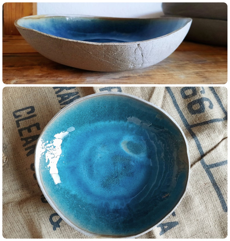 Extra Large Ceramic Bowl Indigo Blue Modern Rustic Stoneware Mixing Bowl Organic Pottery Salad Serving Bowl Handmade Wabi Sabi Fruit Bowl on gray clay