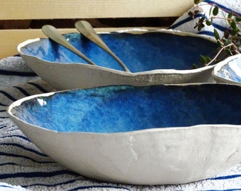 Indigo Blue Ceramic Bowl Large Organic Pottery Bowl Stoneware Bowl Rustic Pasta Serving Bowl Large Side Dish Natural Minimal Dinnerware Bowl