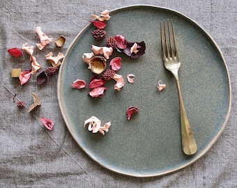 Handmade Organic Green Ceramic Platter: Rustic Stoneware Serving Dish (10.4")