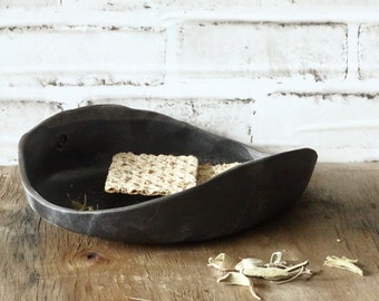 Handmade Black Stoneware Oval Bowl: Wabi Sabi Serving Dish