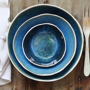 Extra Large Ceramic Bowl Indigo Blue Modern Rustic Stoneware Mixing Bowl Organic Pottery Salad Serving Bowl Handmade Wabi Sabi Fruit Bowl set 3 bowls