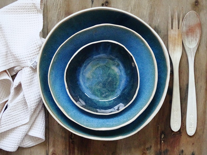 Extra Large Ceramic Bowl Indigo Blue Modern Rustic Stoneware Mixing Bowl Organic Pottery Salad Serving Bowl Handmade Wabi Sabi Fruit Bowl set 3 bowls