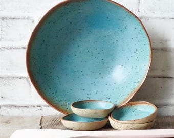 Large Turquoise Ceramic Serving Bowl: Handmade Stoneware Pottery