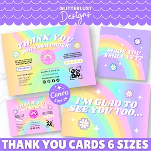 May include: A selection of pastel-coloured thank you cards with rainbow and floral designs. The cards feature phrases like "Thank You For Your Order" and "Made You Smile Yet?" with the text "Canva Edit In".