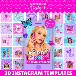 May include: A vibrant graphic featuring a collection of 30 Instagram templates with a Y2K aesthetic. The design includes a central image of a woman with a flip phone, surrounded by various square templates in pink, purple, and blue hues. The text reads "Tween 2000s".