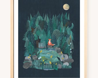 Lost in the woods - Collage Art Print 30 X 40 cm | fox on adventure | forest animals | Fox illustration | Children's poster| Animal art