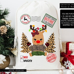 Mädchen Rentier Santa Sack Png Sublimationsdesign Digitaler Download, Weihnachten Rentier Png, Santa Tasche Png-Datei, Leopard Gepard Weihnachten Png