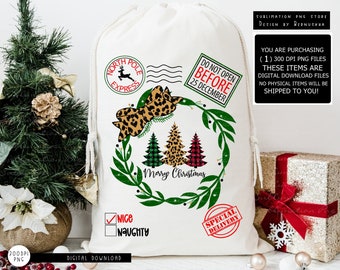 Santa Sack Sublimation Png Design Digital Download, Santa Bag Png Design, Merry Christmas Png, Christmas Wreath Png, Christmas Sublimation