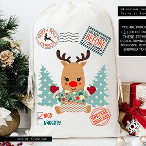 Rentier Santa Sack Png Sublimationsdesign Digitaler Download, Weihnachten Rentier Png, Retro Weihnachten Png, Vintage Weihnachten, Santa Tasche Png-Datei,