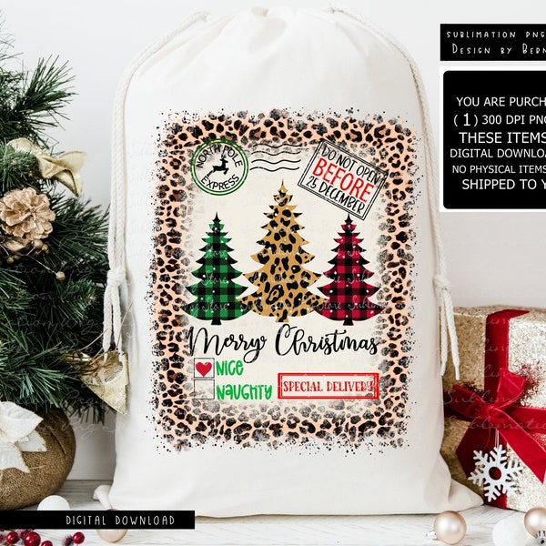 Leopard Christmas Tree Santa Sack Png Sublimation Design Digital Download, Santa Bag Png File, Santa Present Bag Png Design, Santa Pack Png