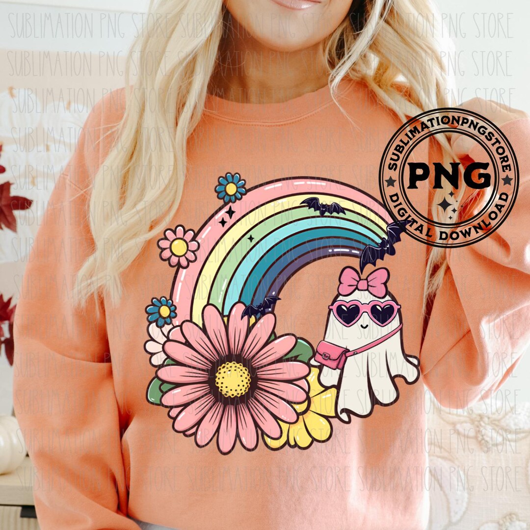 Retro Halloween Png Floral Rainbow Cute Ghost Png Sublimation Design ...
