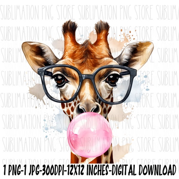 Giraffe Png Jpg Giraffe Bubble Gum Watercolor Giraffe Glasses Png Sublimation Design Digital Download