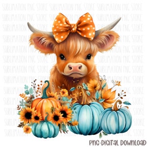 Vaca bebê Hihgland Png Outono Outono Abóbora Animais de fazenda ocidentais Design de sublimação Download