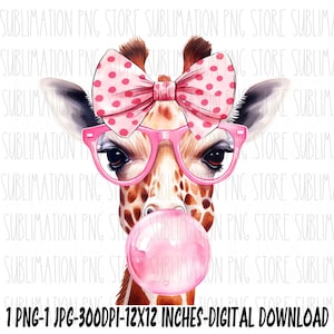 Mädchen Giraffe Png Jpg Giraffe Bubble Gum Aquarell Giraffe Gläser Png Sublimation Design Digital Download
