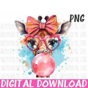 Girl Giraffe Png Giraffe Bubble Gum Watercolor Giraffe Glasses Png Sublimation Design Digital Download