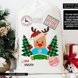 Rentier Santa Sack Png Sublimationsdesign Digitaler Download, Weihnachten Rentier Png, Santa Tasche Png-Datei, karierter Baum, Weihnachtsgeschenk Tasche Png
