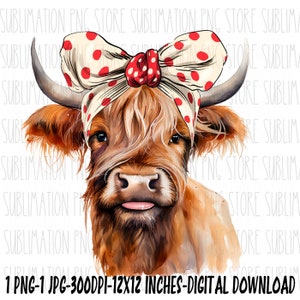 Highland Cow Png Jpg, Girl Highland Cow Sublimation Design Scottish Cow Clipart Digital Download